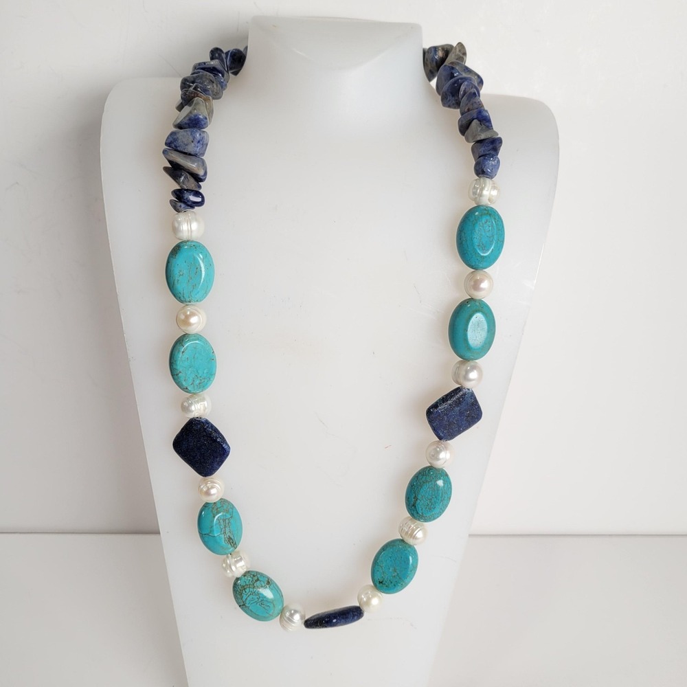 Turquoise‎ Lapis Beaded Necklace Pearl Style Chip Gemstone Statement Blue
